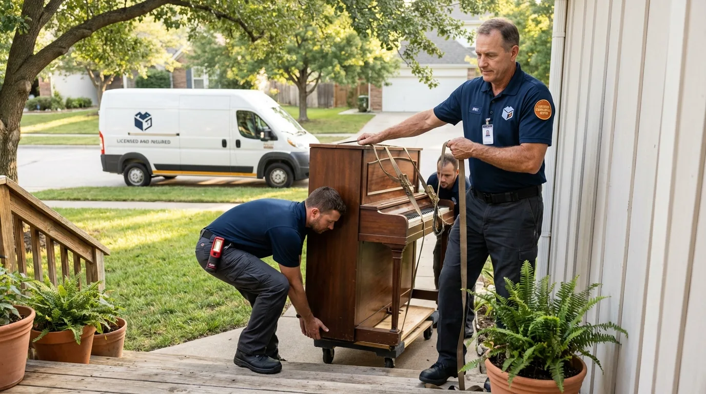 Licensed piano movers securing grand piano in Kalida, OH
