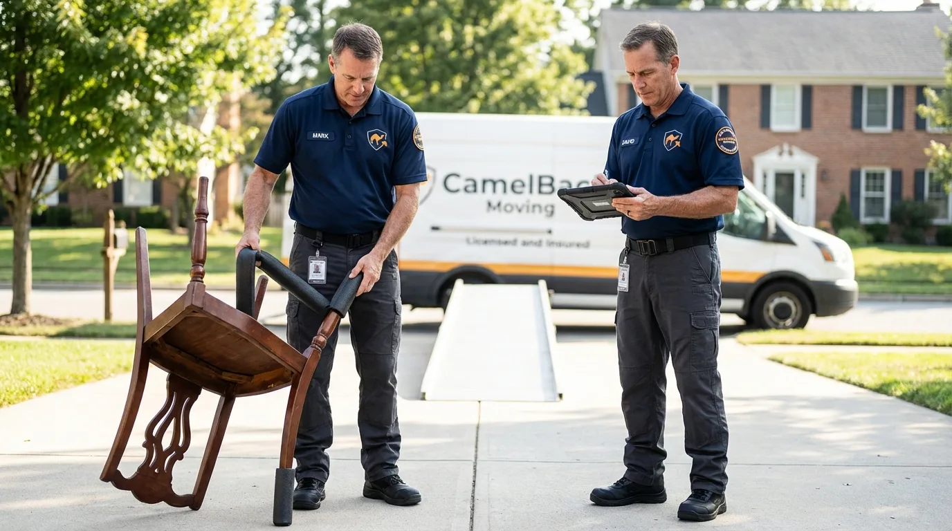Movers inspecting furniture for damage prevention before loading in Kalida, OH